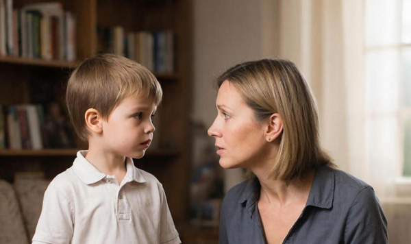 Мама и сын разговаривают, обстановка уютная, книги на фоне.