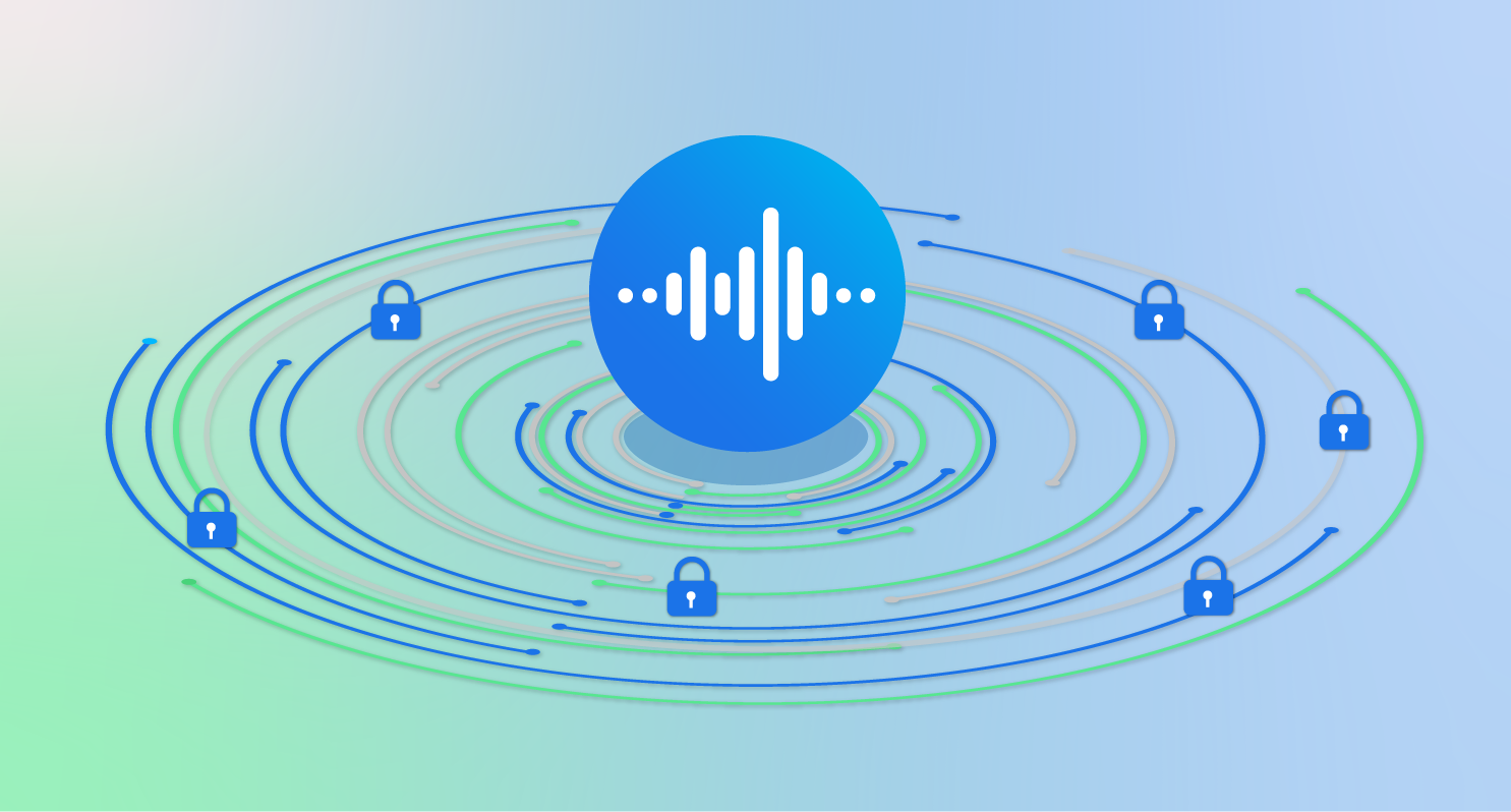 К получению доказуемо конфиденциальной информации об использовании ИИ 3 Аудио волны и значки замков на фоне цифровой безопасности и защиты данных.