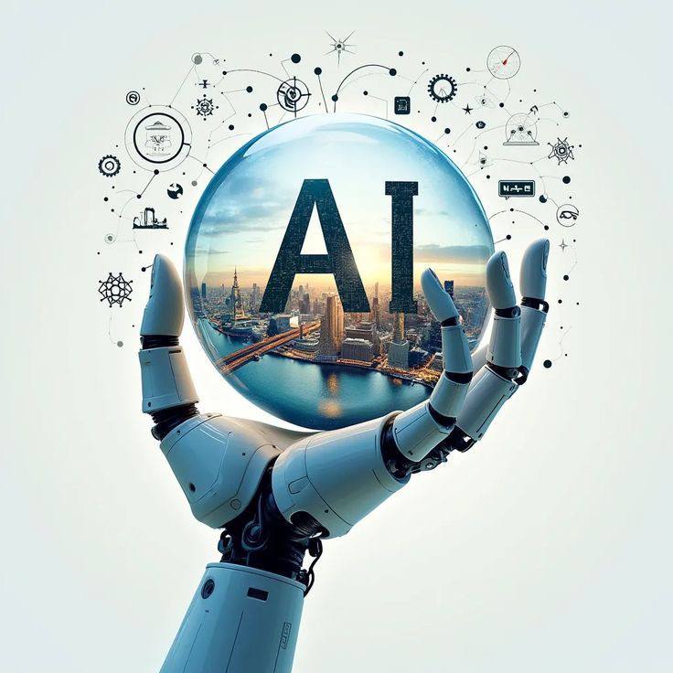 Робот держит шар с надписью AI на фоне города