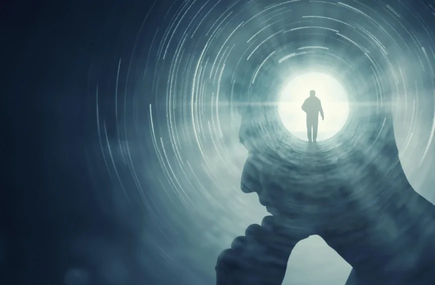Силуэт человека в туннеле света, концепция размышлений и пути.