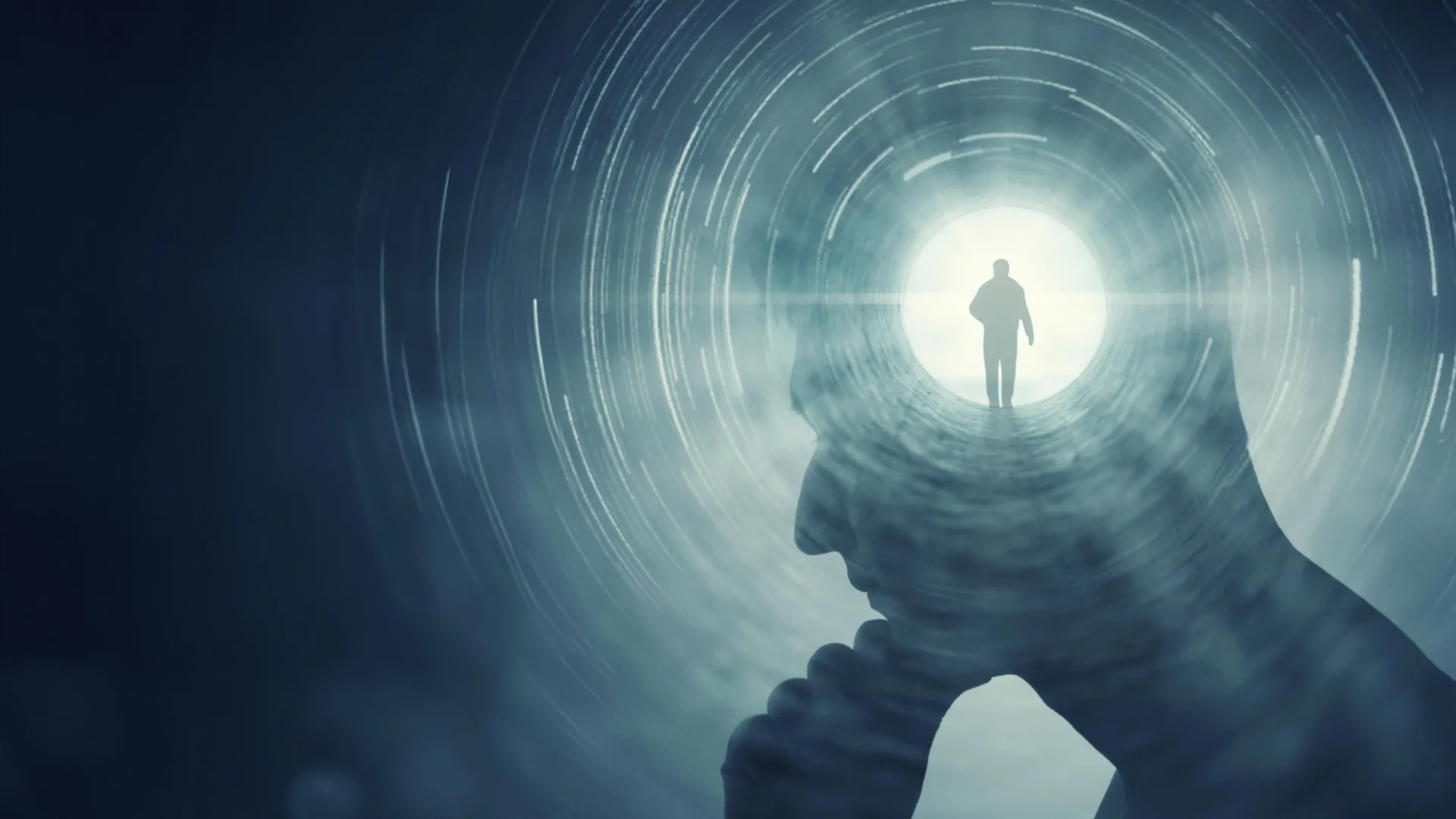 Силуэт человека в туннеле света, концепция размышлений и пути.