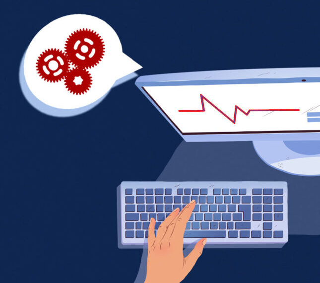 Рука на клавиатуре, монитор с графиком, мысли о шестерёнках.