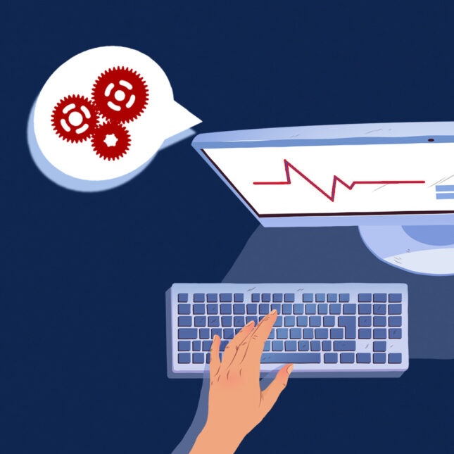 STAT+: Больницы внедряют чат-боты, стремясь вернуть себе роль в общении пациентов о здоровье. 3 Рука на клавиатуре, монитор с графиком, мысли о шестерёнках.
