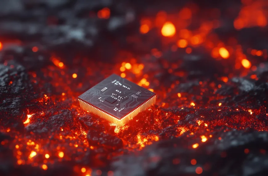 Микрочип на горячей лаве, символизирующий цифровые технологии и экстремальные условия.