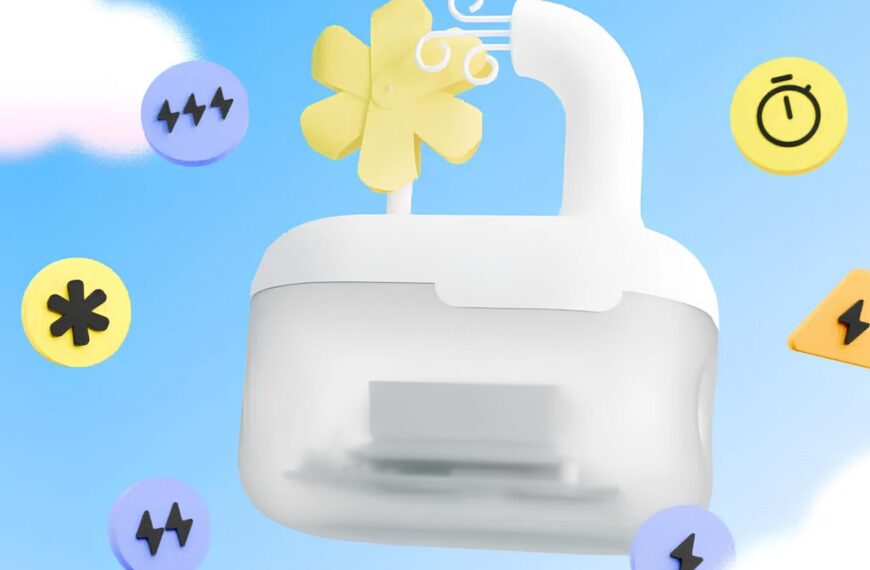 Белый вентилятор с желтыми символами на голубом фоне с облаками.