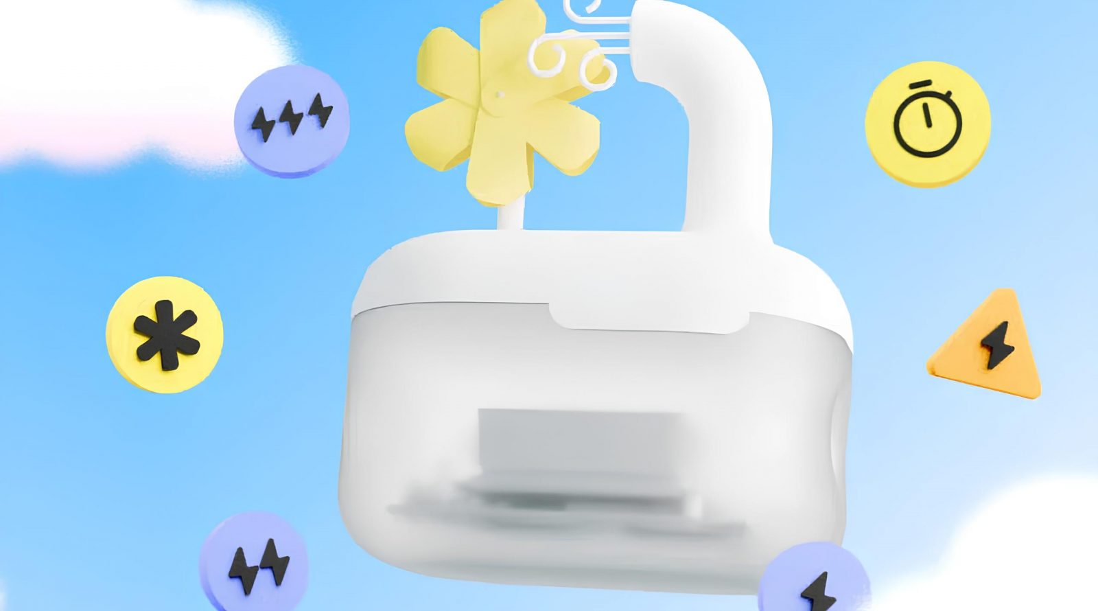 Белый вентилятор с желтыми символами на голубом фоне с облаками.