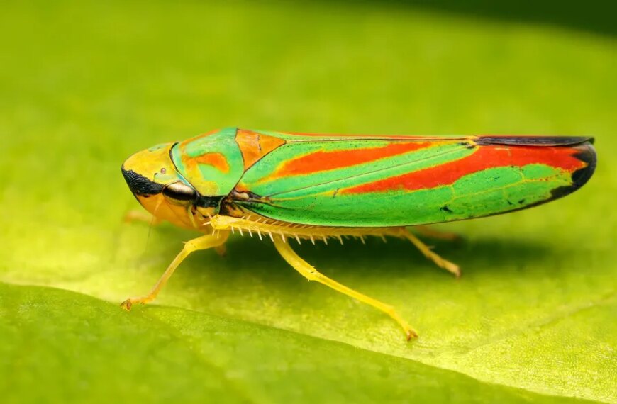 Ярко-зелёный цикад сидит на листе, крупный план макросъёмки.