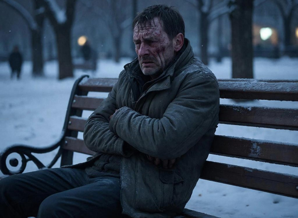 Мужчина с синяками сидит на скамейке в заснеженном парке, зимний вечер.