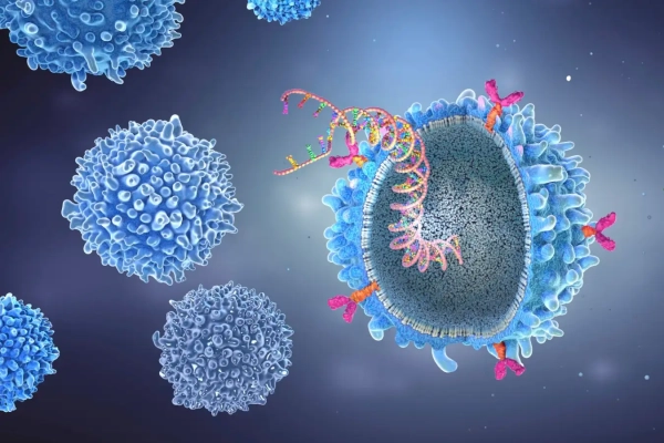 3D-иллюстрация вируса и ДНК в окружении иммунных клеток на фоне.