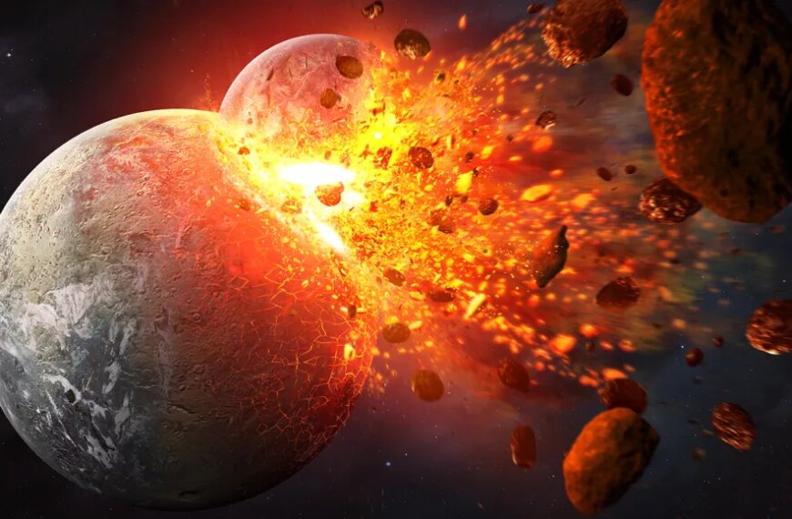 Столкновение планет в космосе, вспышка огня и метеориты, разрушение и космический катаклизм.