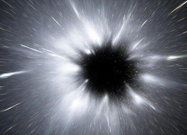 Черная дыра в космосе, световые вспышки вокруг неё, визуализация астрофизического явления.