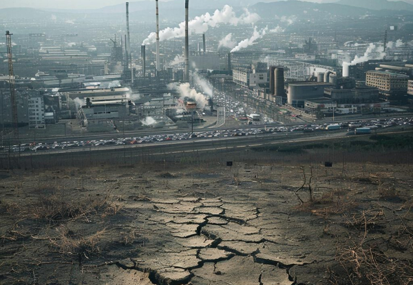 Промышленный завод, выбросы в атмосферу, сухая земля на переднем плане. Экологические проблемы.