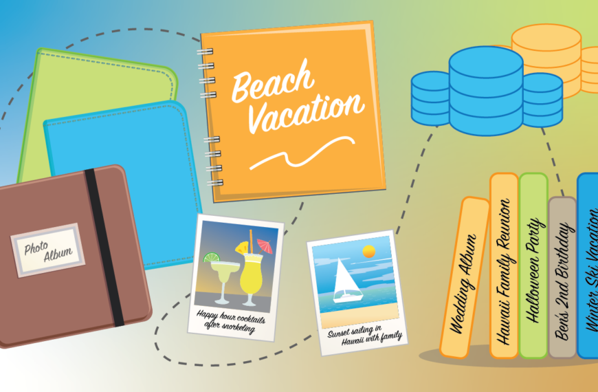 Фотоальбомы и снимки отпуска на пляже, включая коктейли и парусник на закате в Гавайях.