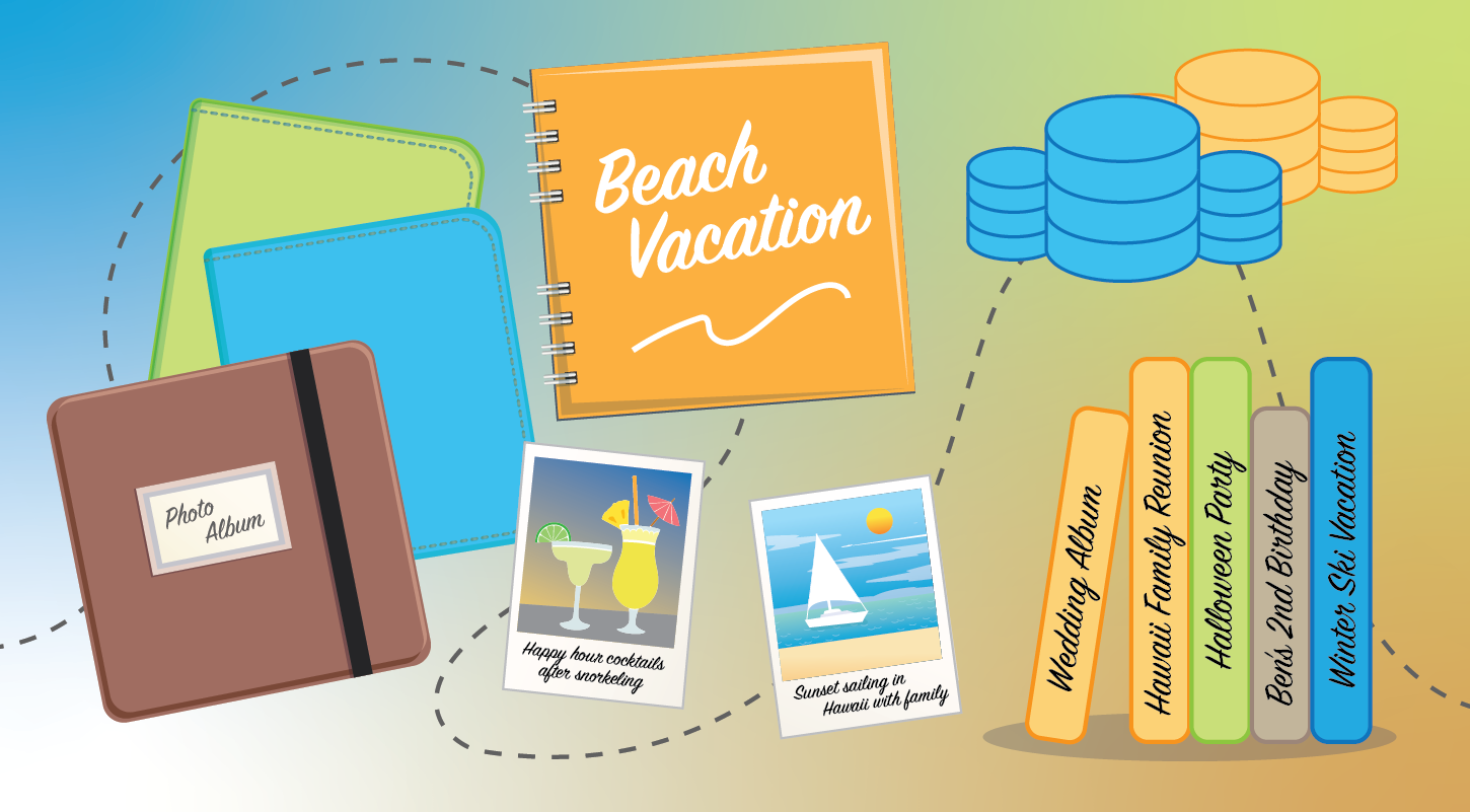 Одна картинка стоит тысячи (личных) слов: Иерархическое создание связных синтетических фотоальбомов 4 Фотоальбомы и снимки отпуска на пляже, включая коктейли и парусник на закате в Гавайях.
