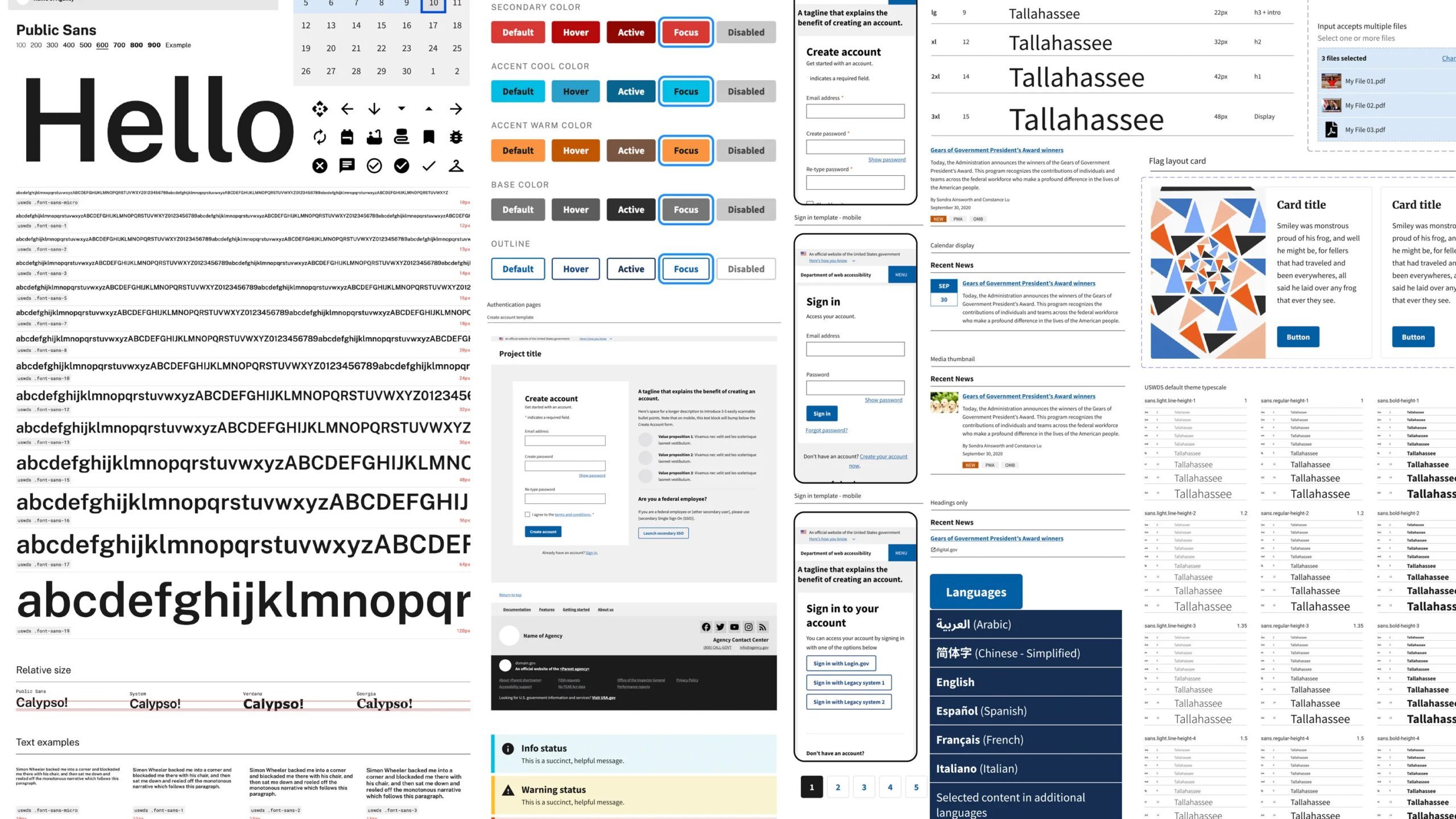 Различные элементы веб-дизайна: шрифты, кнопки, формы и языковые опции.