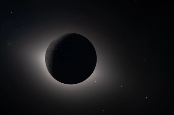 Затмение на фоне звездного неба, лунный диск закрывает свет в центре изображения.