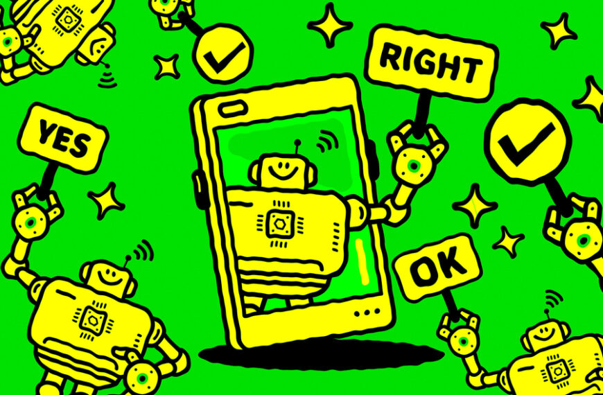 Веселые желтые роботы с табличками "Yes", "Right", "OK" на ярко-зеленом фоне.