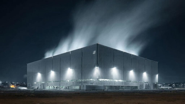 Дата-центры для ИИ нагревают воздух в радиусе нескольких километров, показало исследование 2 Завод ночью с подсветкой и паром, создающим атмосферное освещение.