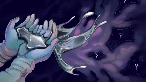 Космическая перчатка держит загадочную жидкость на фоне космоса, загадки и вопросительные знаки.