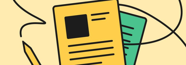 Иллюстрация: жёлтые и зелёные документы и карандаш на фоне.