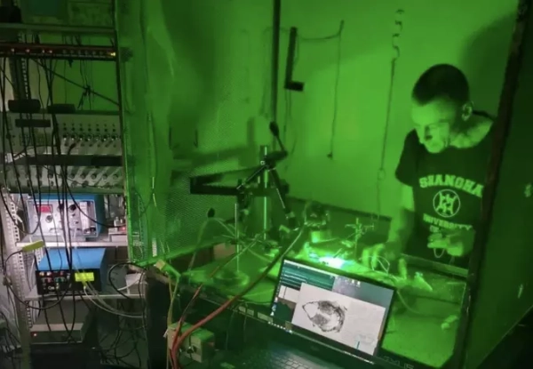 Лаборатория с зелёным освещением, человек работает с оборудованием и компьютером.