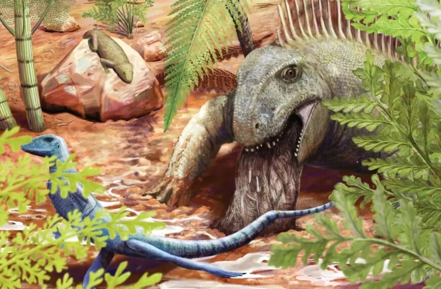 Древние рептилии в лесу: большая ящерица ловит добычу у воды, зелень вокруг.