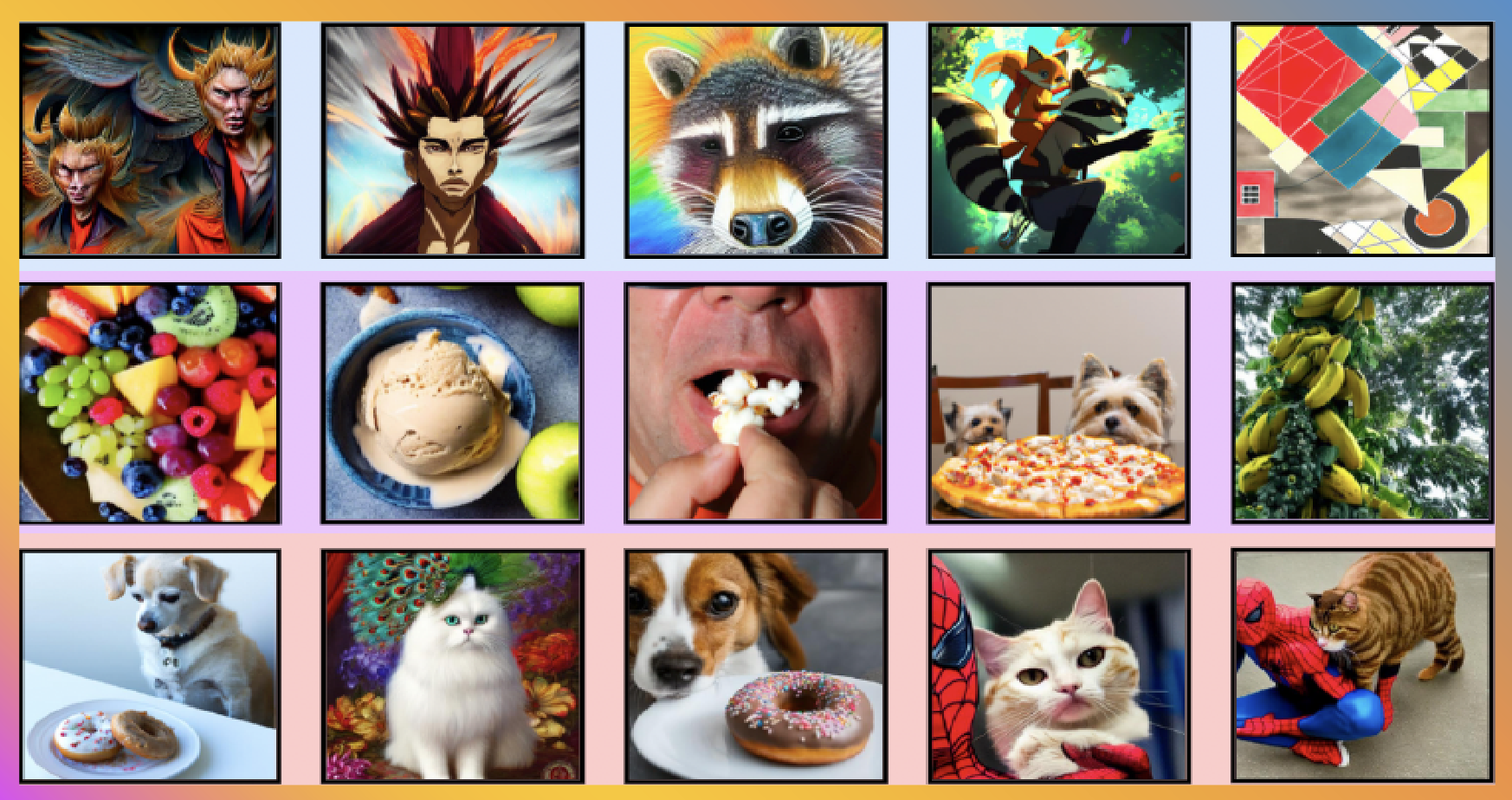 Коллаж: еда, животные, мультяшные персонажи; пицца, арбуз, мороженое, собакa, кошки и еноты.