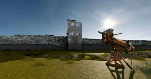 Средневековый арбалет и разрушенная каменная стена в солнечный день.