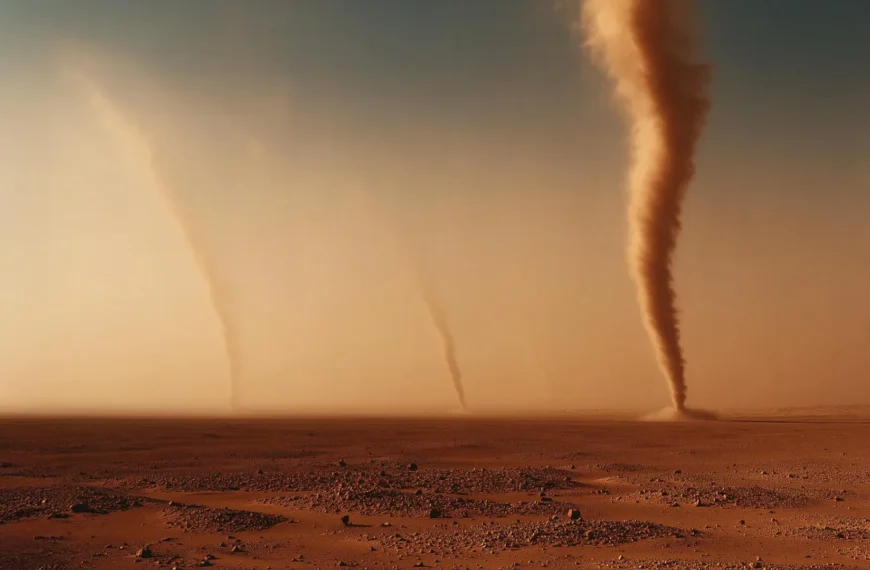 Пылевые вихри в пустыне. Три торнадо поднимают песок, создавая завораживающую атмосферу.