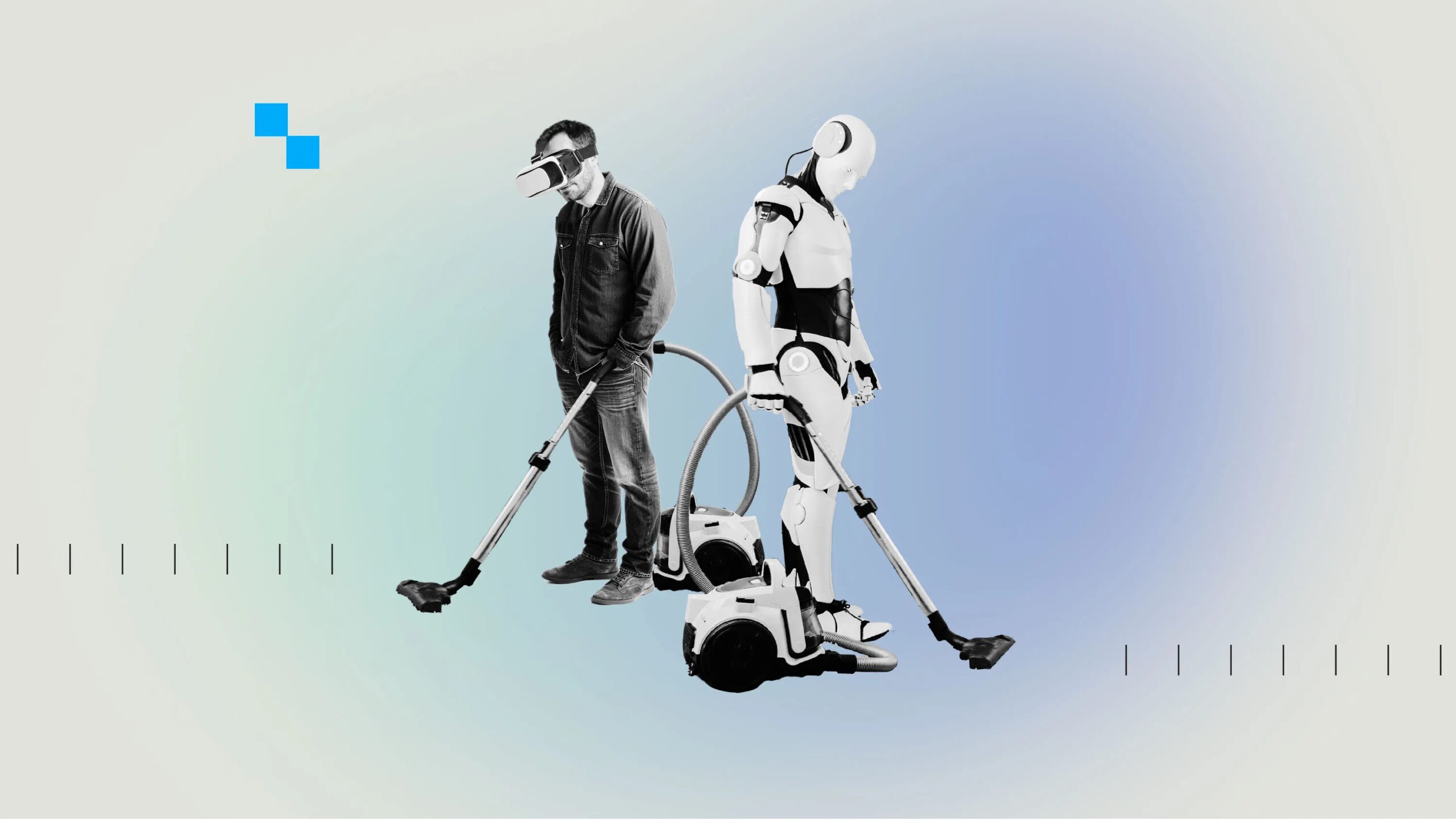 Человек и робот пылесосят с помощью VR, концепция будущего технологий.