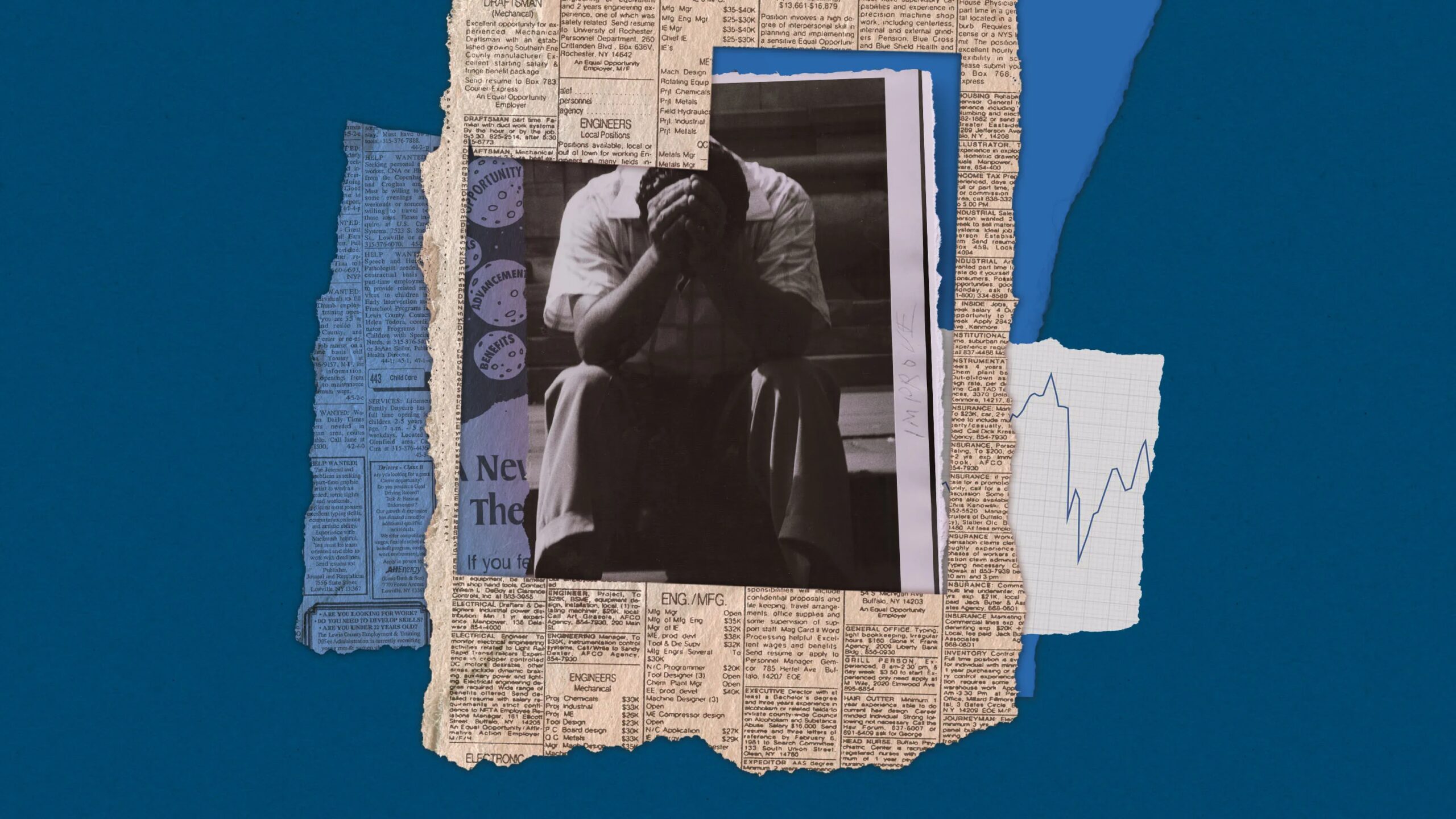 Коллаж с газетными вырезками, снимком человека и графиком на фоне синей бумаги.