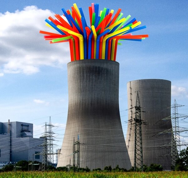 Охладительная башня с яркими трубочками на фоне голубого неба и электролиний.