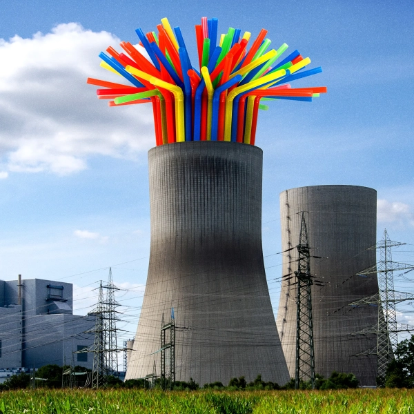 Охладительная башня с яркими трубочками на фоне голубого неба и электролиний.