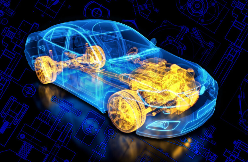 3D-изображение прозрачного автомобиля с видимыми внутренними механизмами на фоне чертежей.