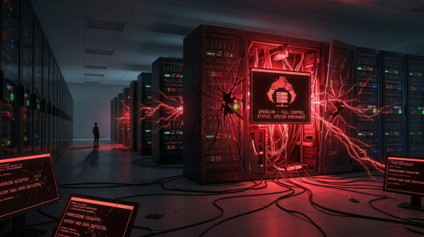Серверная с взломом: красные искры, сигнал тревоги, человек на фоне.