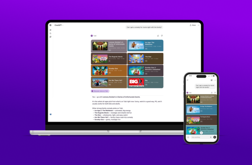 Ноутбук и смартфон с интерфейсом ChatGPT на фиолетовом фоне.