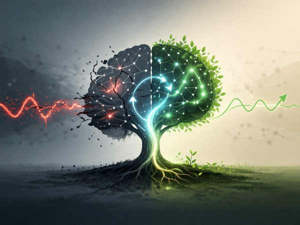 Дерево нейронов: визуализация связи природы и технологий в форме дерева с цифровыми элементами.