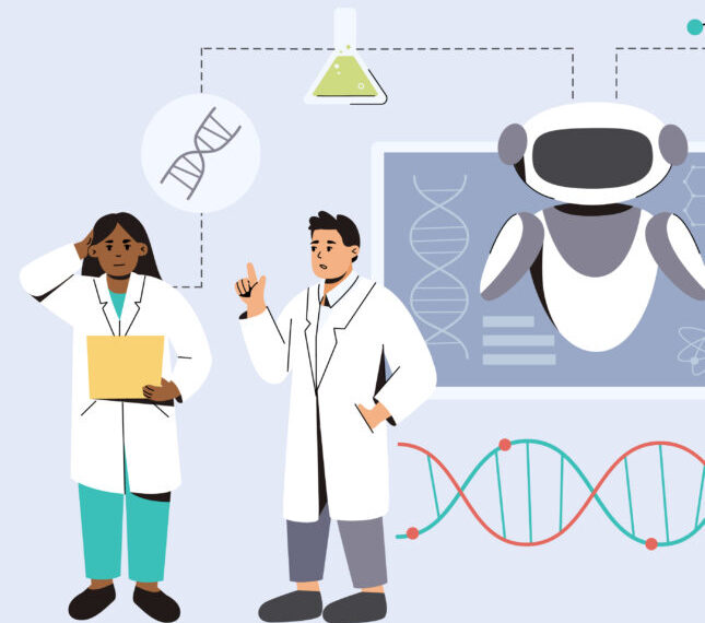 Учёные в лаборатории обсуждают ДНК с роботом и графиком функций.