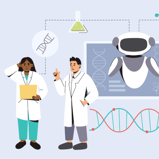 Учёные в лаборатории обсуждают ДНК с роботом и графиком функций.