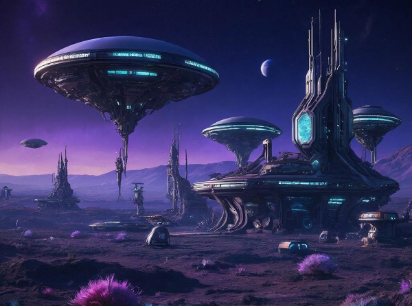 Футуристическое инопланетное сооружение и ландшафт на фиолетовой планете с луной.