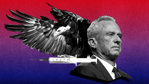 Человек с лицом заблюрен, орёл и шприц на фоне красно-синего градиента.