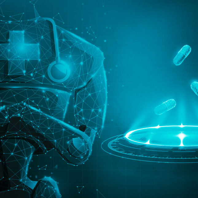 Цифровой врач и летящие капсулы, технологии в медицине, синий фон.