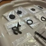 Анатомическая модель зубов в контейнере на столе в лаборатории зубного техника.