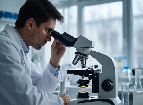 Учёный в белом халате работает с микроскопом в лаборатории.