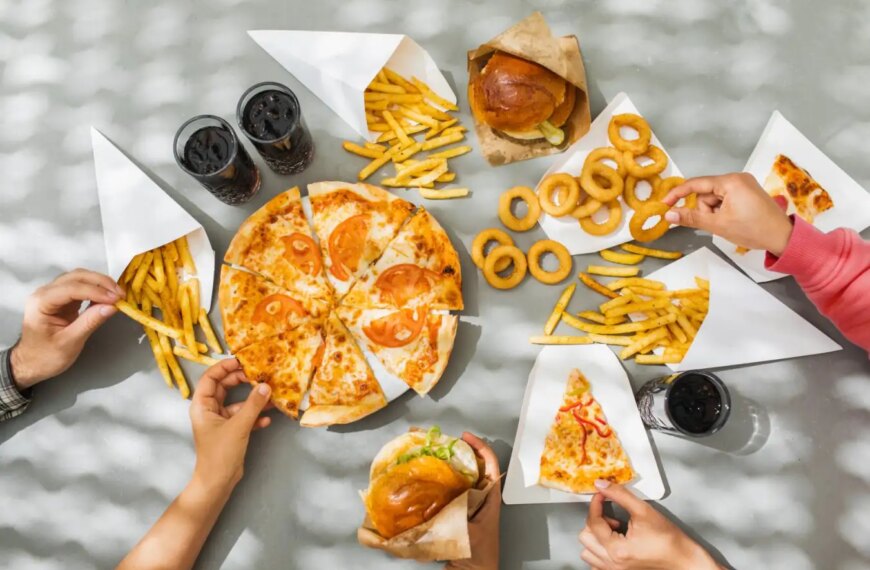 Пицца с томатами, картофель фри, бургеры, кольца лука и газировка на сером фоне.