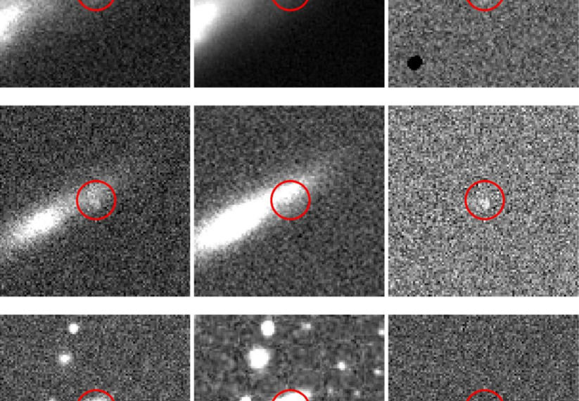 Чёрно-белые снимки кометы, выделенной красными кругами на всех изображениях.