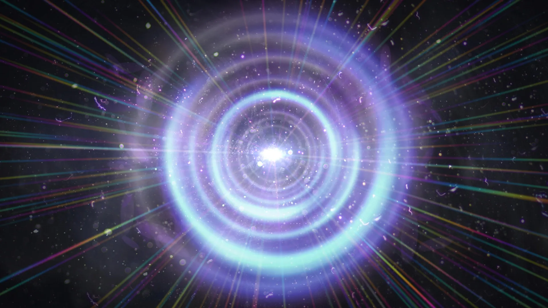 Удивительная новая идея о том, как мог произойти Большой взрыв. 2 Абстрактное изображение светового туннеля: радужные лучи и кольца на темном фоне.