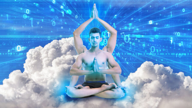 Йога на облаках, цифровая медитация, человек в позе лотоса с цифровым фоном.