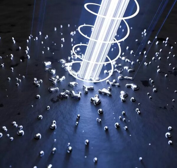 Световая спираль окружена каплями на темной поверхности, футуристический эффект.