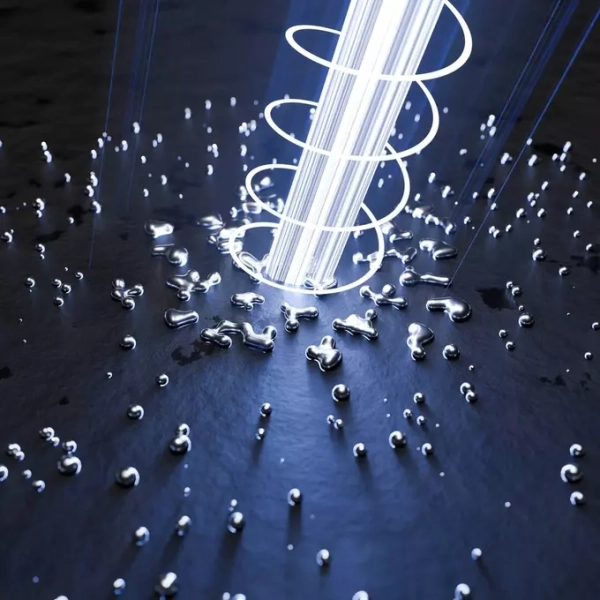 Световая спираль окружена каплями на темной поверхности, футуристический эффект.